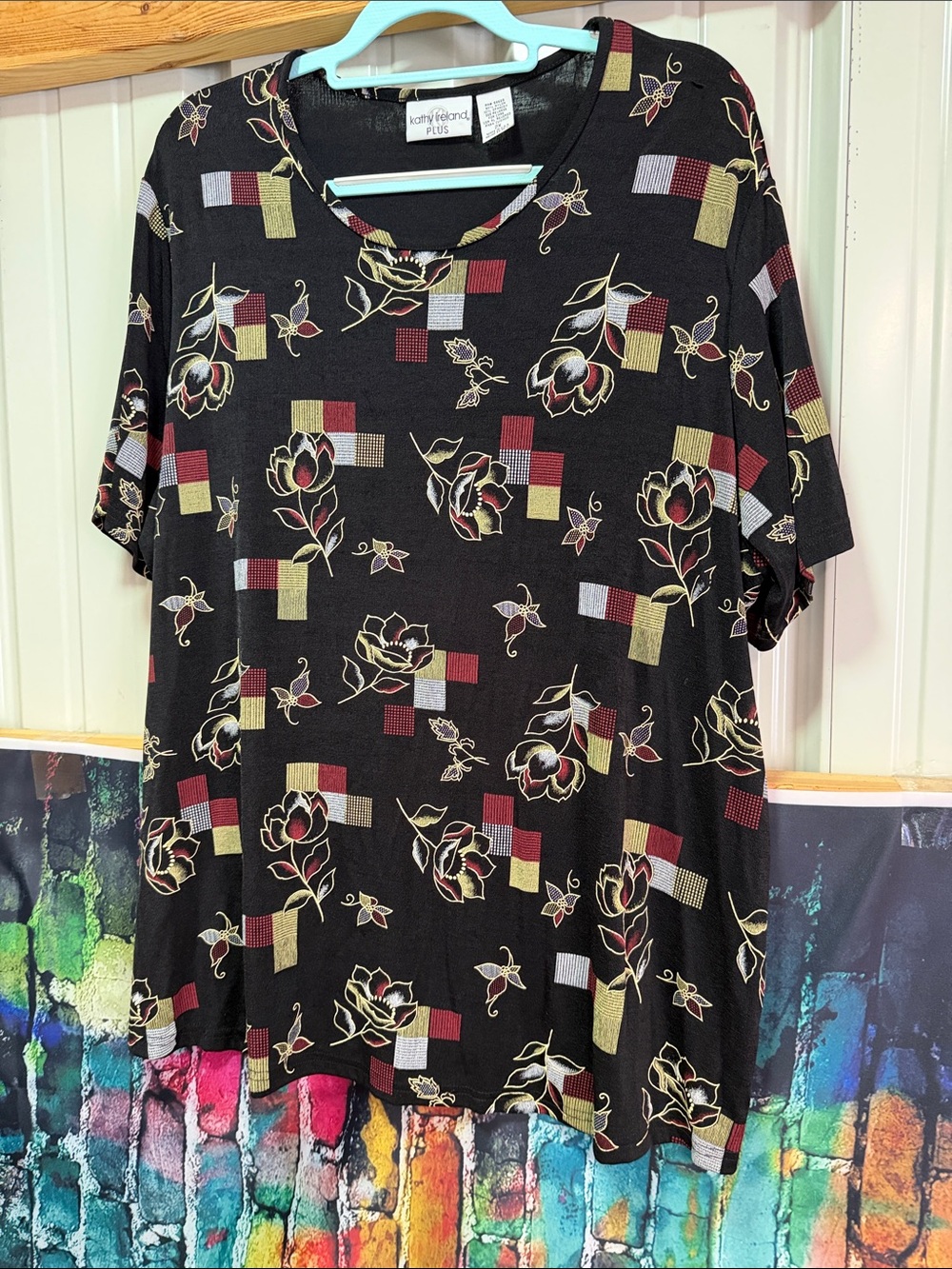kathy ireland Black Floral Geo Print Short Sleeve Tee — Multicolor Accents